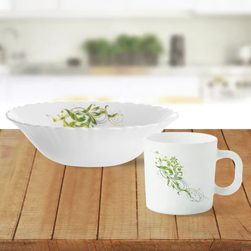 Floral Green Swirl Ceramic Bowl and Mug Set