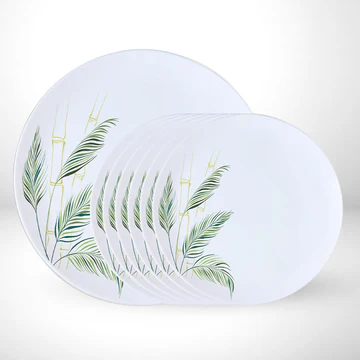 Elegant White Dinner Plates with Green Leaf Design