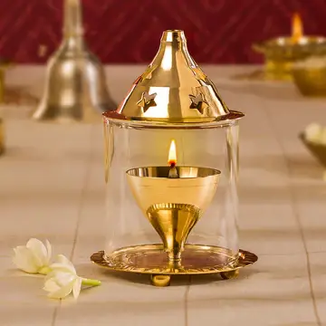 Elegant Golden Metal Diya with Glass Cover